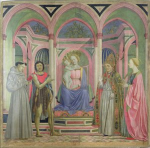 Jomfru og barn flankert av St. Lucy, St. Nicholas, St. Johannes døperen og St. Frans, ca. 1445-47 (tempera på panel)